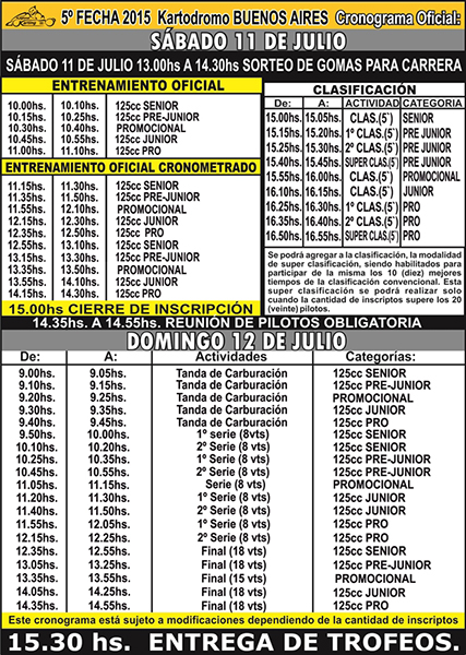 Cronograma 5ta Fecha Regional de Karting 2015