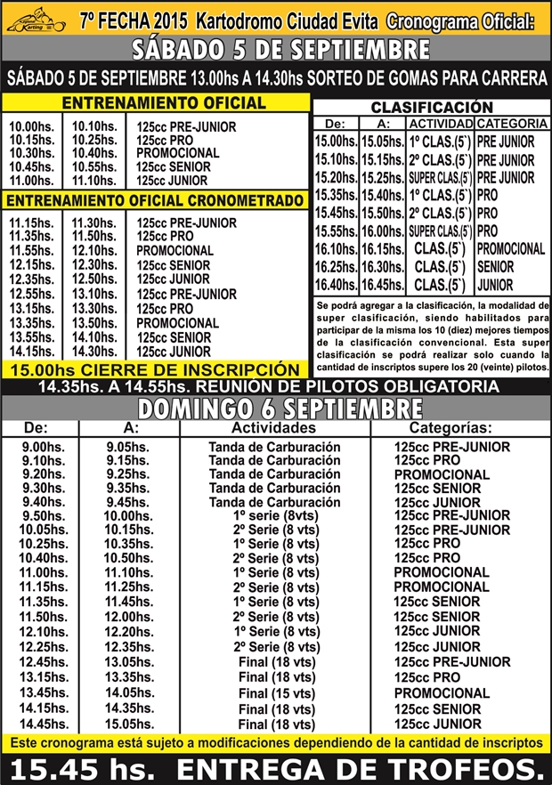 Cronograma 7ma Fecha Regional de Karting 2015